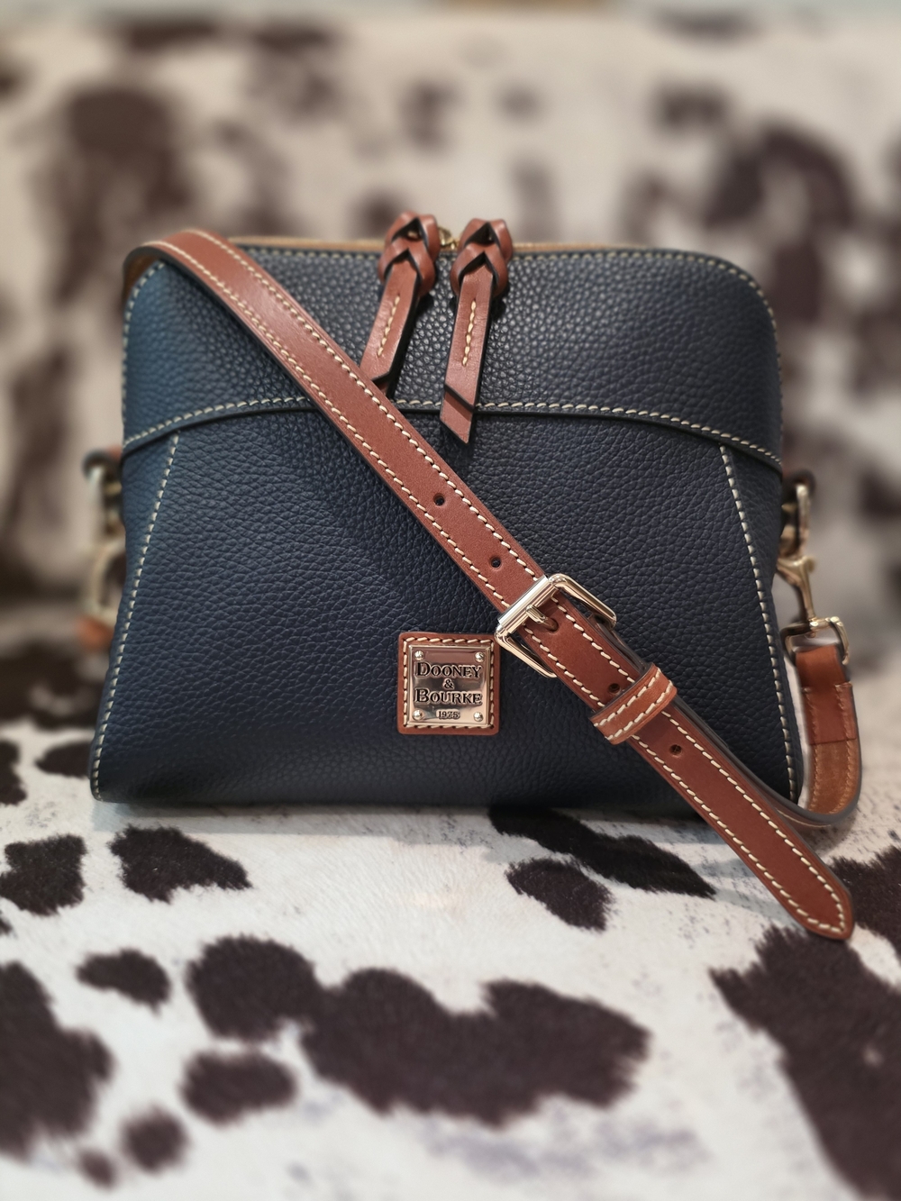 Dooney & Bourke Navy Pebbled Leather Crossbody with Tan Strap